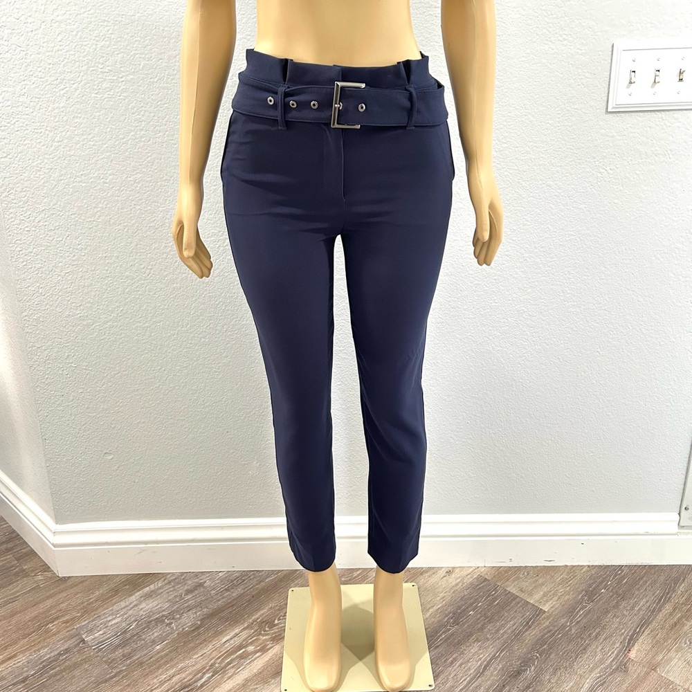 THE TAPERED ANKLE Navy Blue High Pleated Waist Belted Ankle Pants Size 0 WHBM